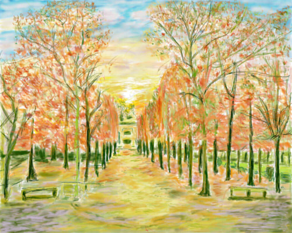紅葉した並木道の水彩画